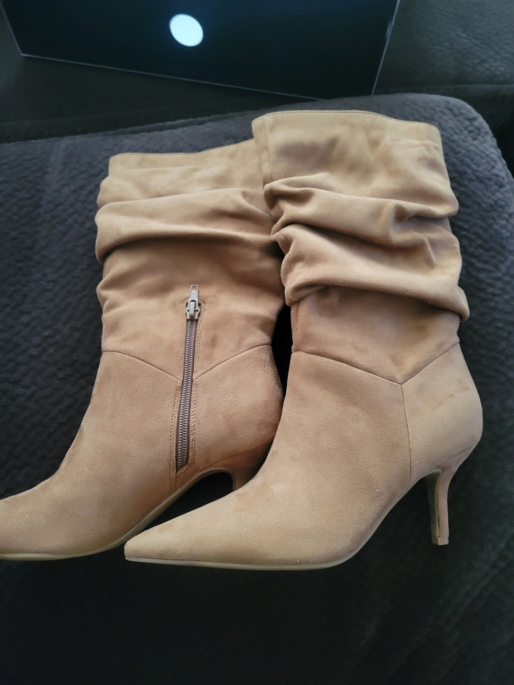 Nine West Tan Slouchy Pointed-Toe Mid-Heel Boots